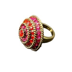 Red Pink Rhinestone Swirl Adjustable Dome Ring Size 6 Brass Tone Party Wear
